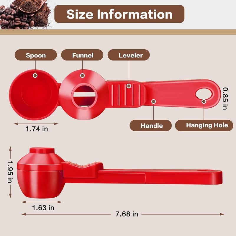 CEILUPY 2-in-1 Coffee Scoop with Funnel, 2 Teaspoon Measuring Spoon for Reusable Pods, Ground Coffee, Protein Powder & Tea, Mess-Free Plastic Design (Red) - Image 2